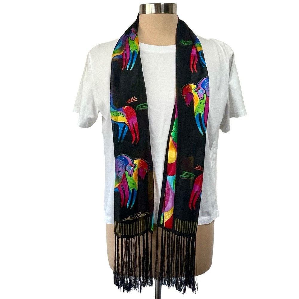 Laurel Burch Silk Scarf Black Multicolored Horse Print Fringe 52" x 11.5" (flaw)